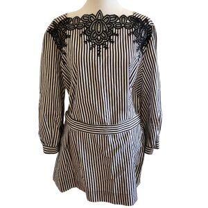 1X The Limited Navy White Striped Embroidered Cut Out Belted Blouse